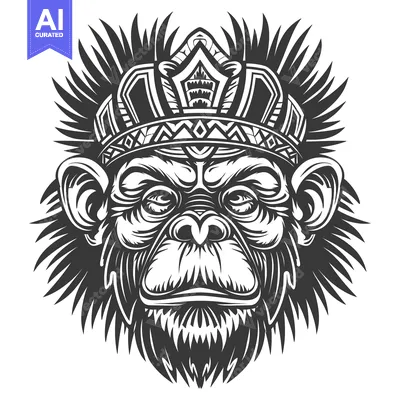 Aset desain premium: Monochrome Illustration of a Monkey Wearing a Crown