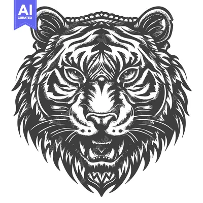 Aset desain premium: Monochrome Illustration of a Tiger's Face with Open Mouth