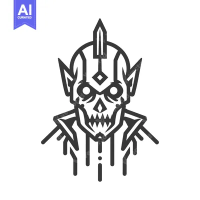 Aset premium populer: Monochrome Line Art Illustration of a Skull with Pointed Ears and a Sp