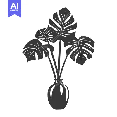 Premium design asset: Monstera Plant in a Round Vase, Black and White Illustration
