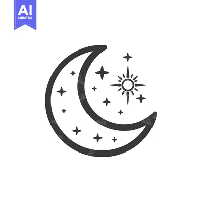 Aset desain premium: A crescent moon with stars and a bright sun design