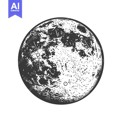 The full moon depicted in a detailed black and white drawing