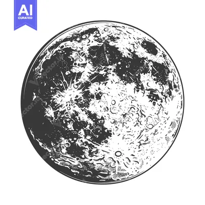 This detailed black and white illustration depicts a full moon in spac