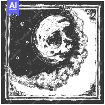 A detailed illustration depicting the moon surrounded by clouds and st