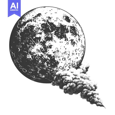 Detailed monochrome illustration featuring a large cratered moon and s