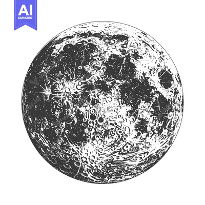 A detailed black and white illustration of the lunar surface