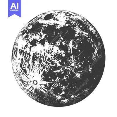 A detailed black and white illustration of the moon in space