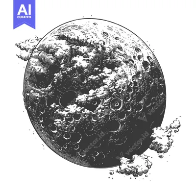 An illustration depicting a cratered moon with clouds surrounding it