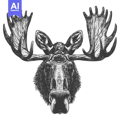 Aset desain premium: A detailed black and white illustration of a large moose head