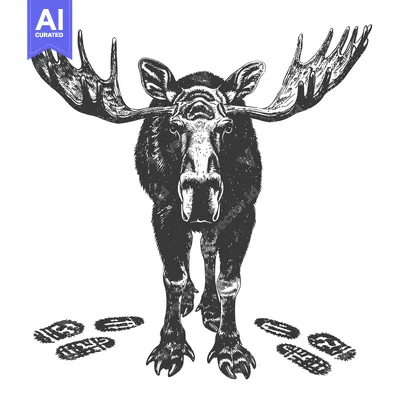 Aset desain premium: A detailed monochrome illustration depicts a majestic moose walking fo