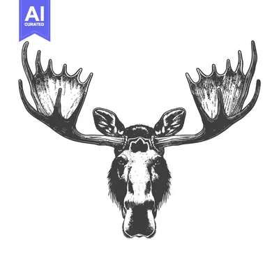 Aset premium populer: A detailed monochrome illustration of a regal moose with large antlers