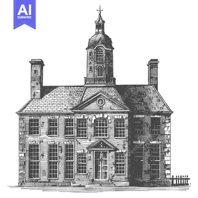 Aset desain premium: A detailed black and white architectural illustration of a stately bui