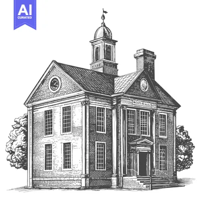 An illustrative black and white architectural rendering of a brick bui