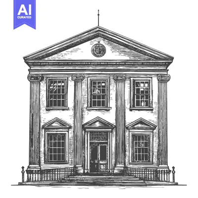Aset desain premium: Detailed pen and ink illustration depicts an imposing classical buildi