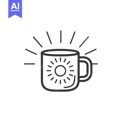 Aset premium populer: A black and white illustration depicts a radiant sunlit coffee mug