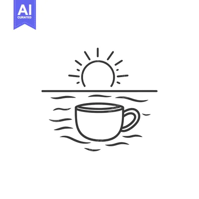 Aset desain premium: The Silhouette Of A Coffee Cup And Rising Sun Above Water