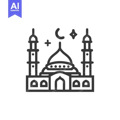 Popular premium asset: Minimalist Mosque Icon with Crescent Moon and Stars, Black Outline on