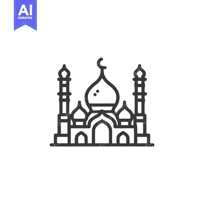 Minimalist Mosque Outline Icon with Crescent Moon and Dome Details