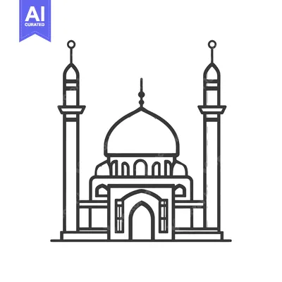 Aset desain premium: A black and white line drawing of a mosque building