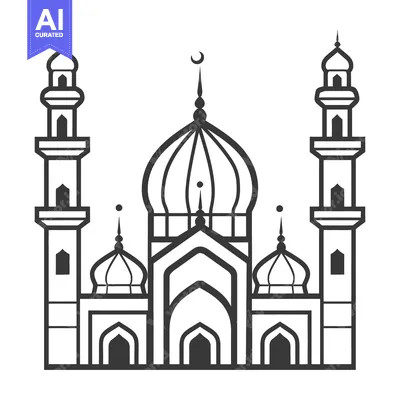 Aset desain premium: A monochrome line drawing depicting a place of worship