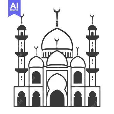 Aset desain premium: Illustration of an Islamic mosque with domes and tall minarets