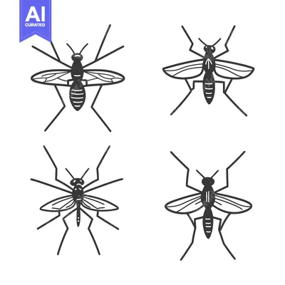 Aset desain premium: Four Stylized Drawings Depicting Various Mosquito Poses in Black