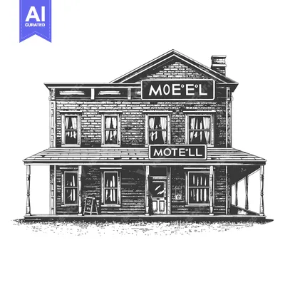 Aset desain premium: A detailed illustration of a two story vintage motel building