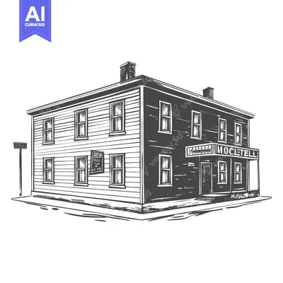 Aset premium populer: Illustration depicts a two story building with windows and a sign