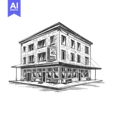 Aset premium populer: An old corner building with benches on the sidewalk stands