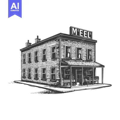 Aset desain premium: An old illustration depicts a two story building with sign
