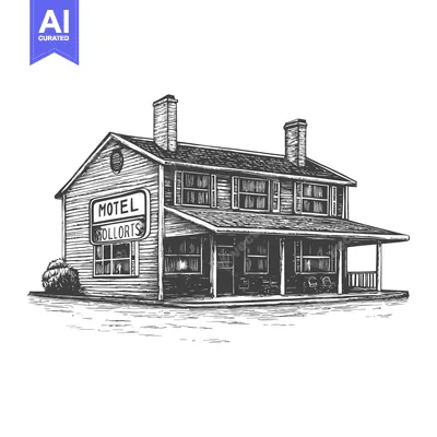 Aset desain premium: A vintage two story motel building with a porch and sign