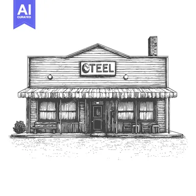 Aset premium populer: A detailed black and white illustration of a rural storefront building