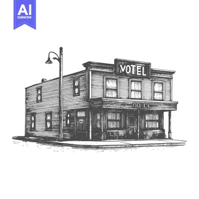 Popular premium asset: A vintage illustration of a motel building on a street corner