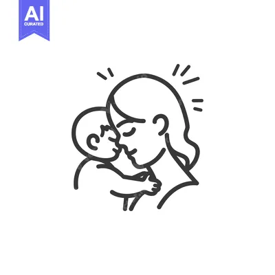 Aset desain premium: Mother and Baby Kissing in Outline Illustration