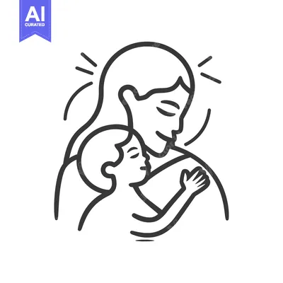 Mother and Child Embracing in a Line Drawing Illustration