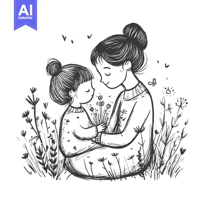 Premium design asset: Mother and Daughter Embracing in a Field of Flowers
