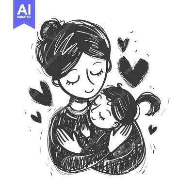 Aset desain premium: Mother and Daughter Embracing with Hearts Surrounding Them