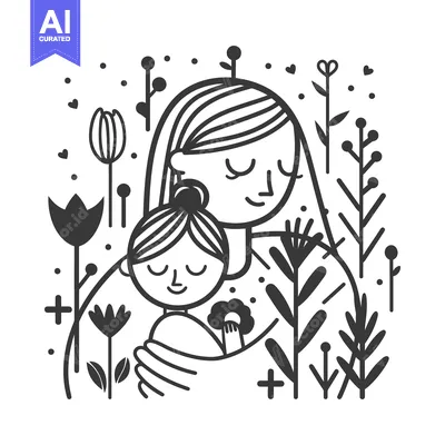 Aset premium populer: A mother embraces her child amongst stylized floral illustrations