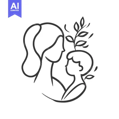 Aset premium populer: Simple line drawing depicts a mother and a child with plant