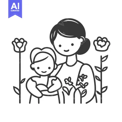 Aset desain premium: A mother and child surrounded by flowering plants smile