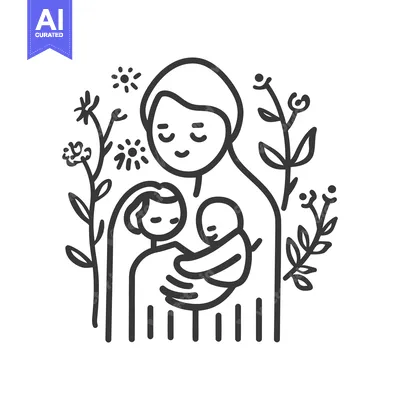 Aset desain premium: Loving mother holding two children surrounded by decorative floral des