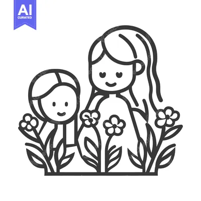 Aset premium populer: A mother and child stand amongst blooming garden flowers happily