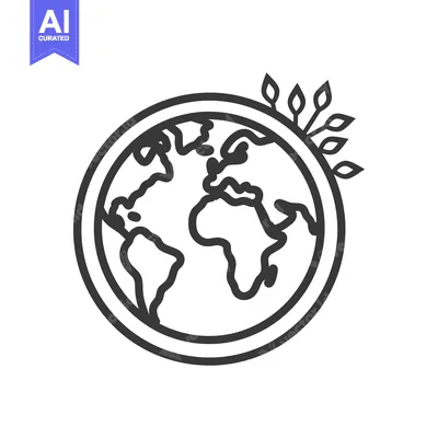 Premium design asset: A black and white illustration representing the planet Earth with leav