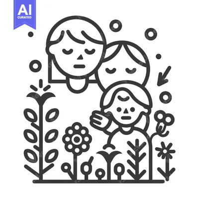 Aset desain premium: A family of three stands in a stylized garden setting