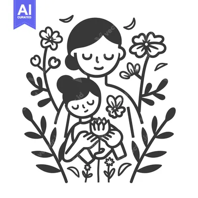 A mother and child surrounded by flowers and plants