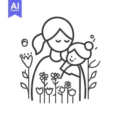 Aset premium populer: A mother and child embrace near blooming garden flowers