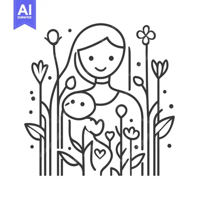 Aset desain premium: A smiling woman holds a baby amidst floral elements
