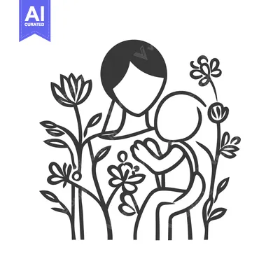 Aset premium populer: A mother embraces her child amidst beautiful blooming floral arrangeme
