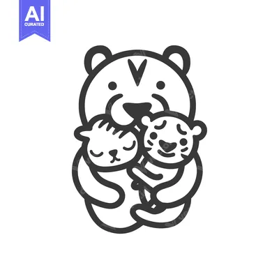 Aset desain premium: Mother Tiger Hugging Two Tiger Cubs