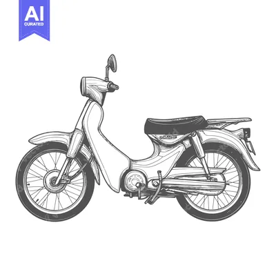 Aset premium populer: A detailed monochrome drawing depicting a scooter on a white backgroun